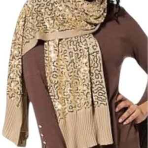 Iman Global Chic Gold Sequin Tan Ribbed Scarf Wrap Boxed NEW NWT NIB